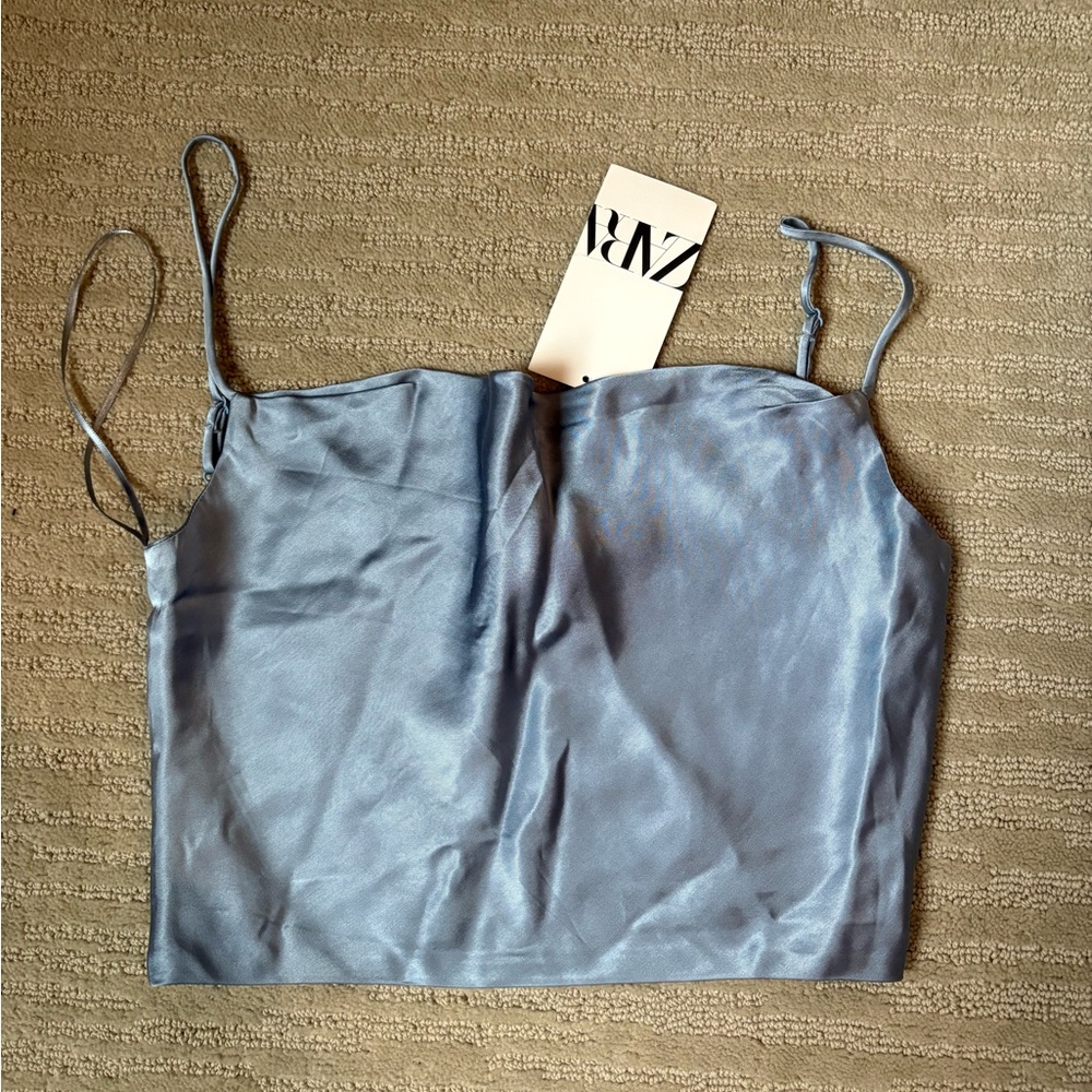 Zara Satin Scoop Neck Crop Top in Light Blue
